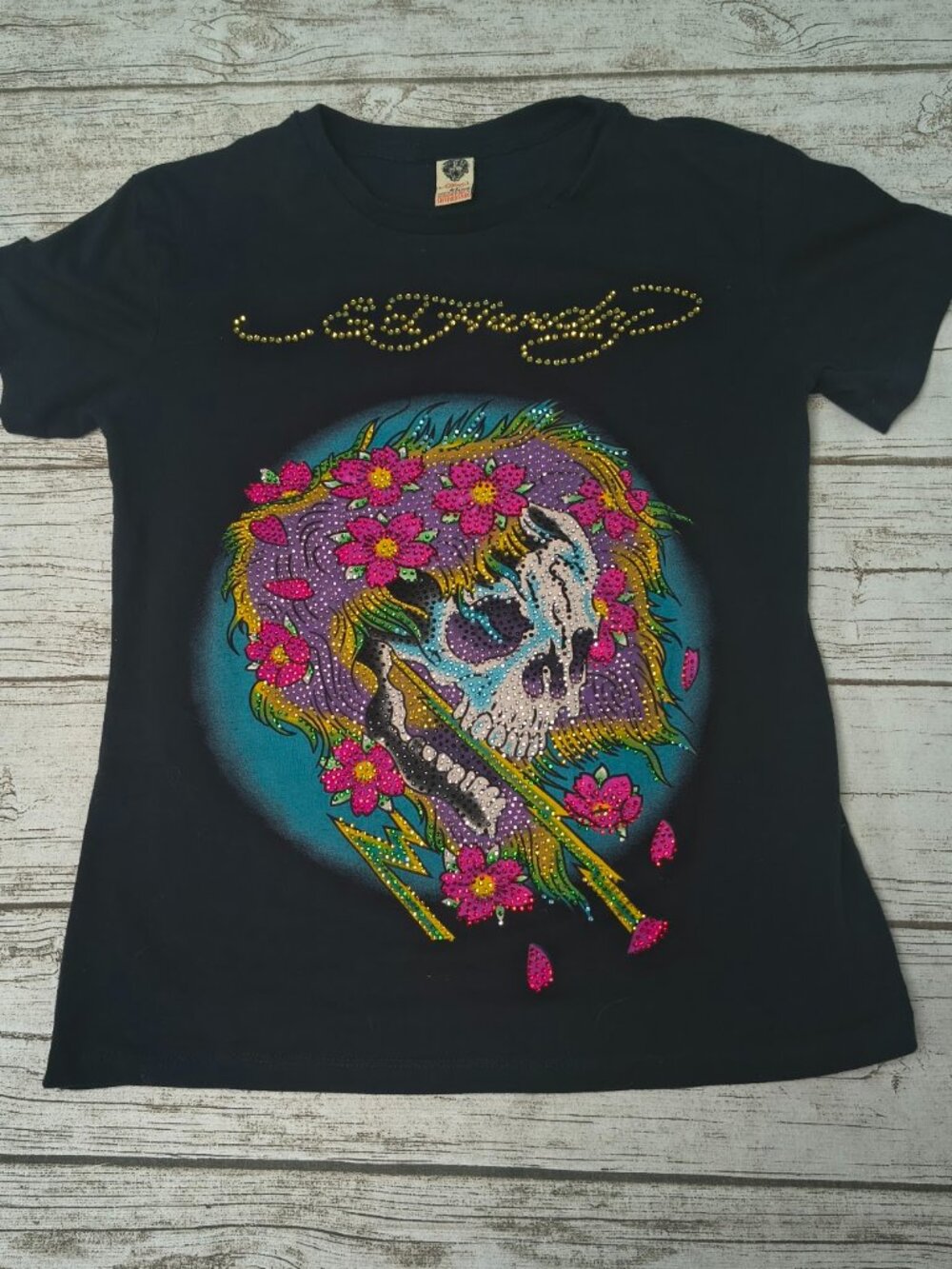 Y2K Ed Hardy Black Skull Rhinestone Short Sleeve T Shirt Size Women XL